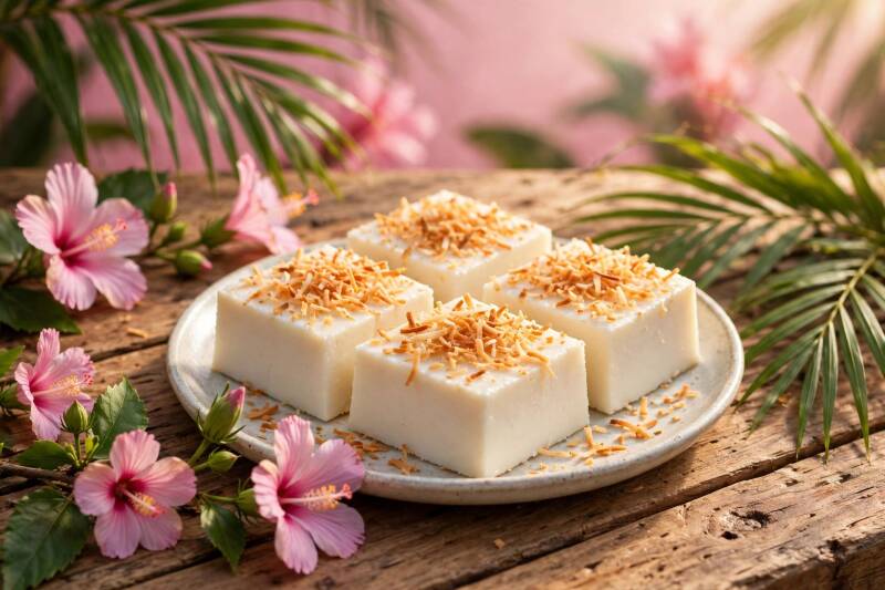 Haupia coconut pudding squares topped with toasted coconut, with pink hibiscus flowers