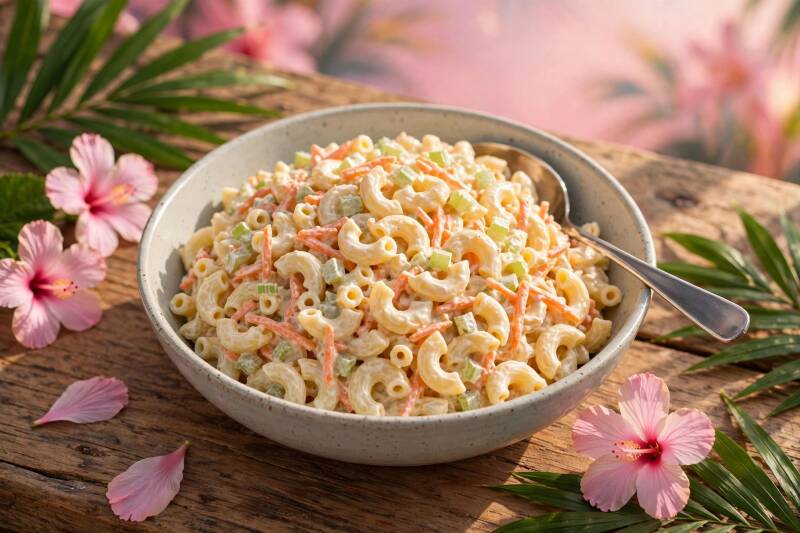 A bowl of creamy Hawaiian macaroni salad with a serving spoon, pink hibiscus flowers beside it