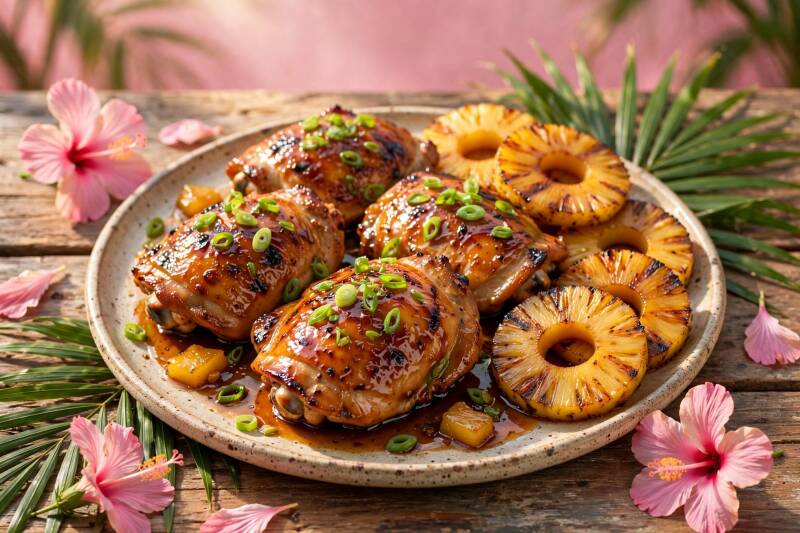 Grilled huli huli chicken with a glossy glaze and grilled pineapple rings, pink hibiscus beside the platter