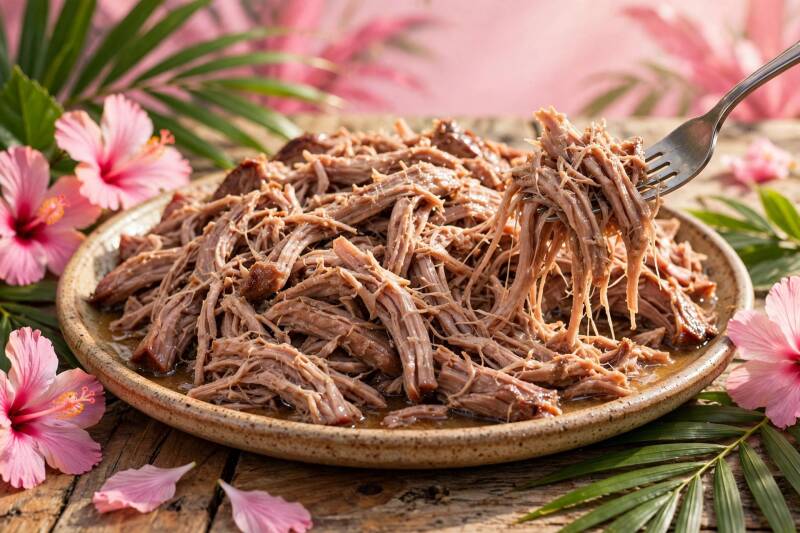 A platter of tender shredded kalua pork with a fork, pink hibiscus and palm leaves beside it