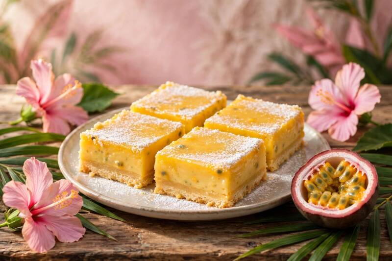 A plate of lilikoi passion fruit bars dusted with powdered sugar, a halved passion fruit beside the plate, pink hibiscus nearby