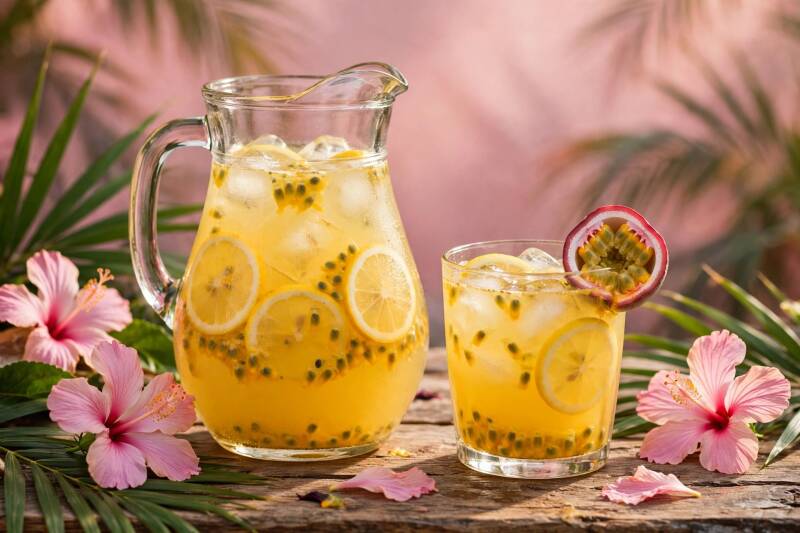 A pitcher of golden lilikoi lemonade with ice and lemon slices and a filled glass beside it, pink hibiscus on the table
