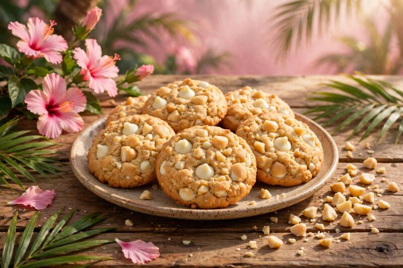 A plate of golden macadamia nut cookies with white chocolate chips, chopped macadamia nuts scattered beside them, pink hibiscus nearby