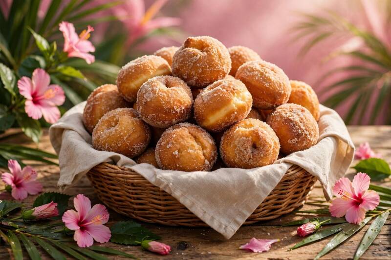 A basket of warm malasadas, puffy golden doughnuts rolled in sugar, pink hibiscus beside the basket