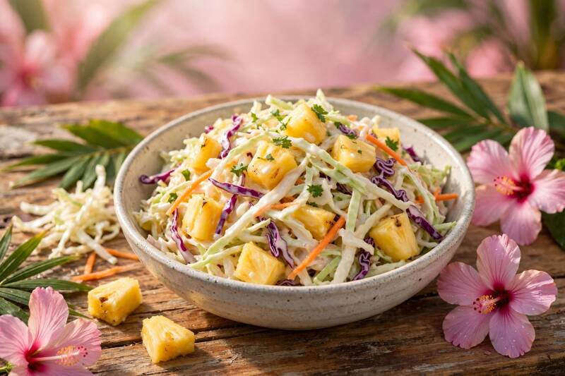 A bowl of creamy pineapple coleslaw with shredded cabbage, carrot and pineapple, pink hibiscus beside it