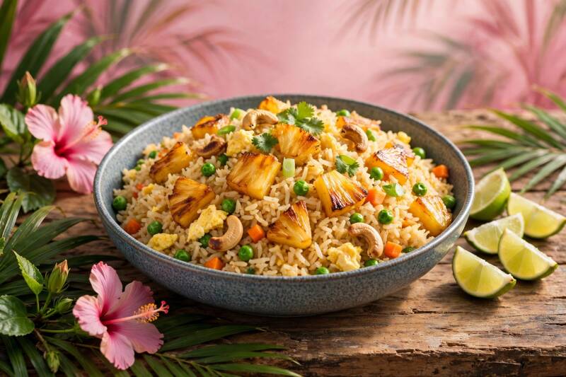 A bowl of pineapple fried rice with cashews and lime wedges, pink hibiscus beside the bowl