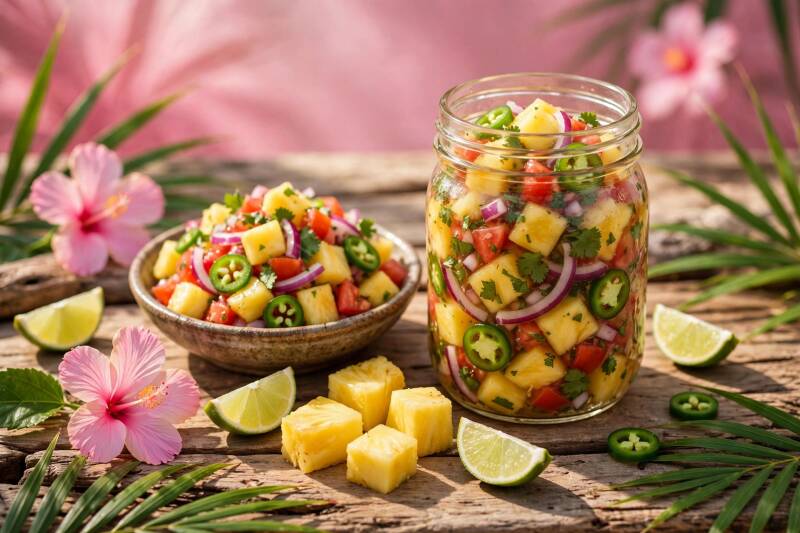 Spicy and zesty pineapple salsa in a glass jar with a bowl of salsa, lime wedges and pink hibiscus flowers