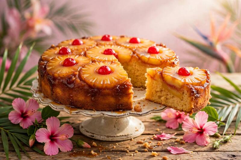 A pineapple upside-down cake with caramelized pineapple rings and cherries on a cake stand, one slice cut, pink hibiscus beside the stand