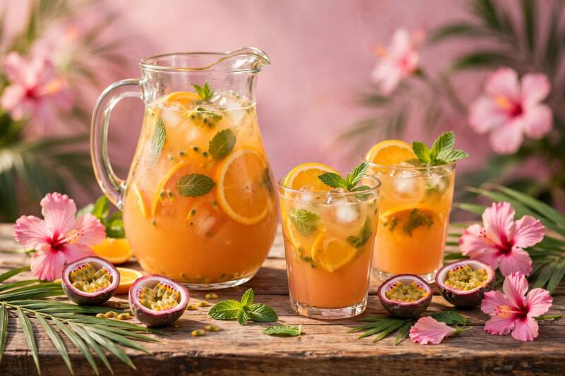 A pitcher and glasses of golden POG punch with ice, orange slices and mint, passion fruit and hibiscus beside them