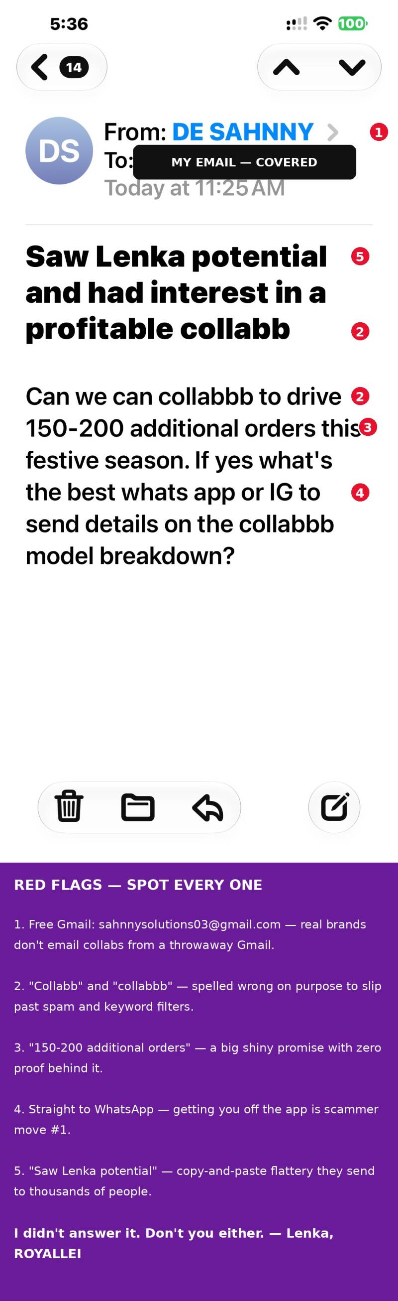 Scam collab email with the sender's red flags numbered and explained, recipient email covered