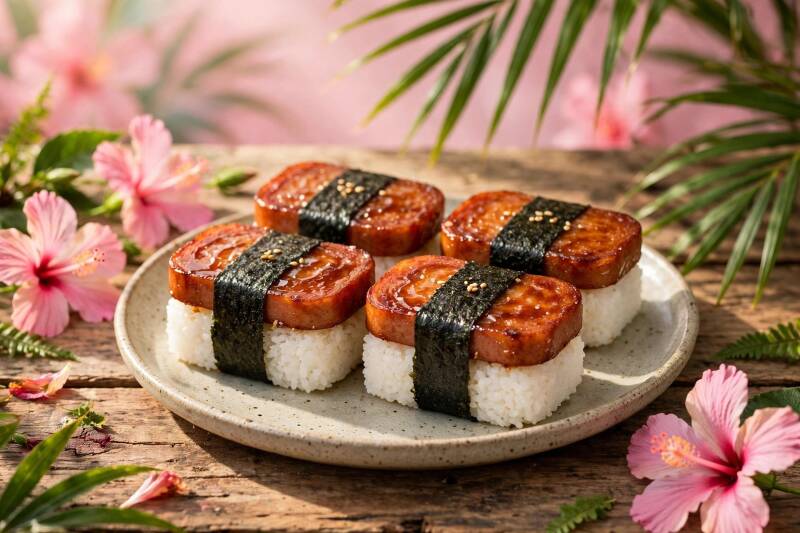 A plate of Spam musubi, rice rectangles topped with glazed Spam wrapped in nori, pink hibiscus beside the plate