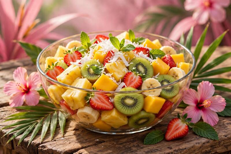 A glass bowl of tropical fruit salad with pineapple, mango, kiwi and strawberries, pink hibiscus beside it