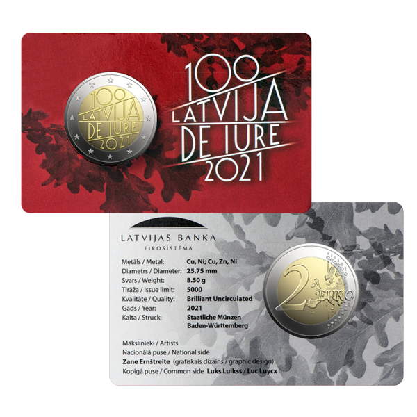 2 euro Letland 2021 Republiek Letland BU coincard "The Latvia de iure 100"