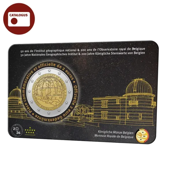 2 euro België 2026 ‘50 jaar Nationaal Geografisch Instituut & 200 jaar Koninklijke Sterrenwacht van België’ BU in coincard FR