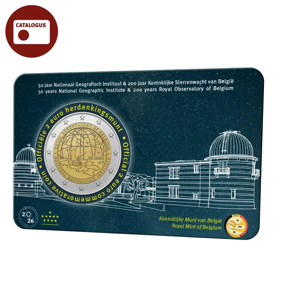 2 euro België 2026 ‘50 jaar Nationaal Geografisch Instituut & 200 jaar Koninklijke Sterrenwacht van België’ BU in coincard NL