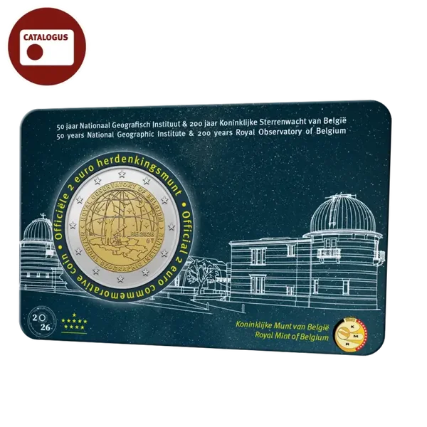 2 euro België 2026 ‘50 jaar Nationaal Geografisch Instituut & 200 jaar Koninklijke Sterrenwacht van België’ BU in coincard NL