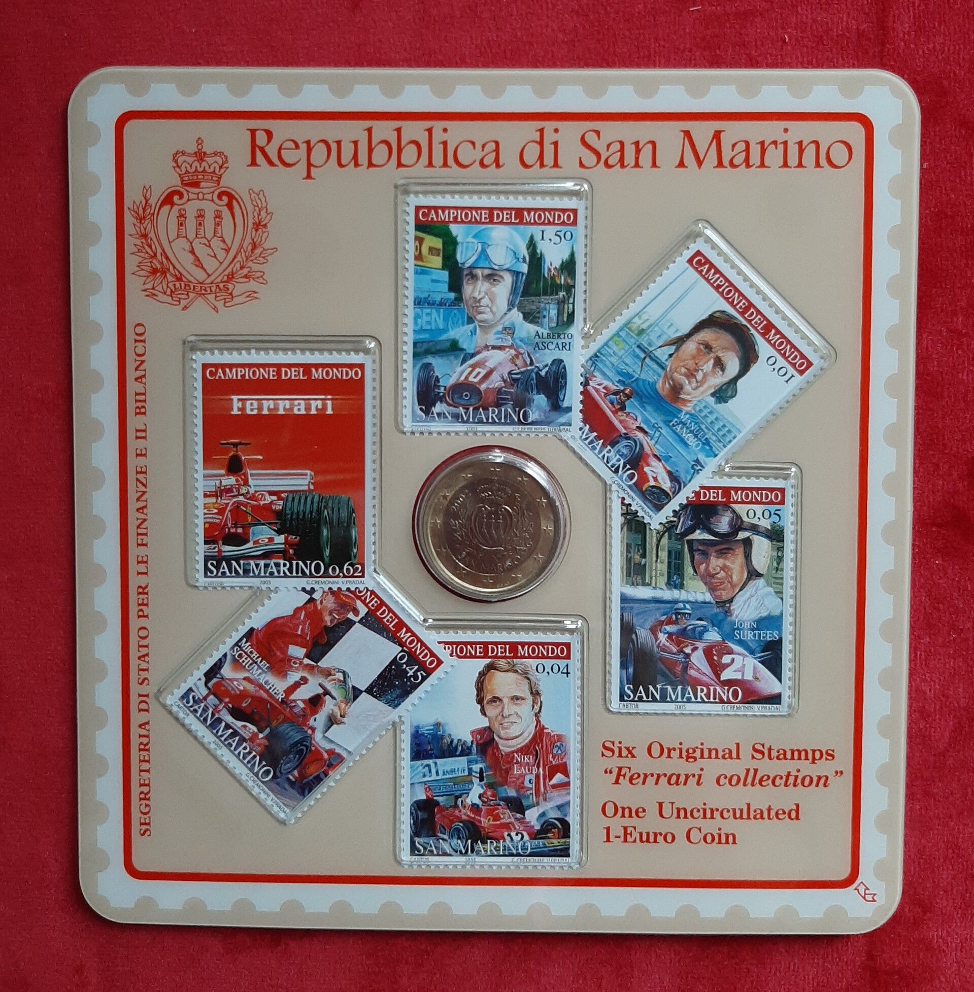 1 euro San Marino 2002 met postzegels in blister Ferrari