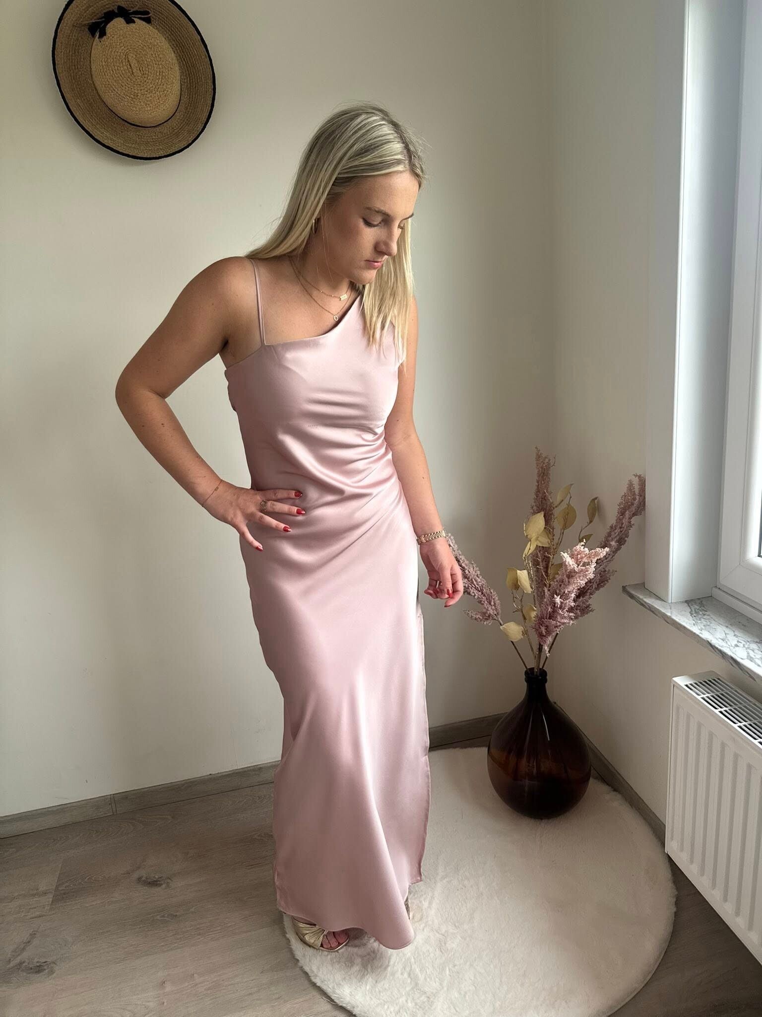 BABY PINK ASYMMETRICAL PROM DRESS WITH SPLIT