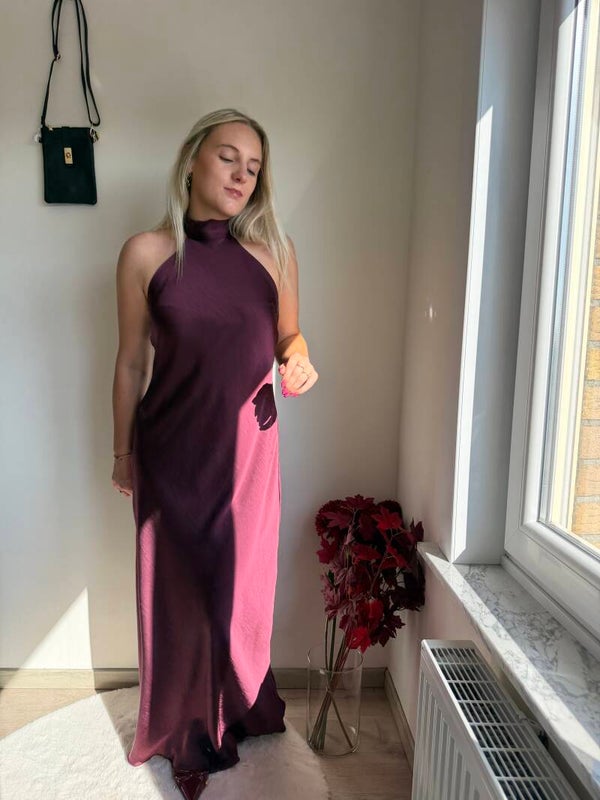 LONG BURGUNDY HALTERNECK AMALA DRESS