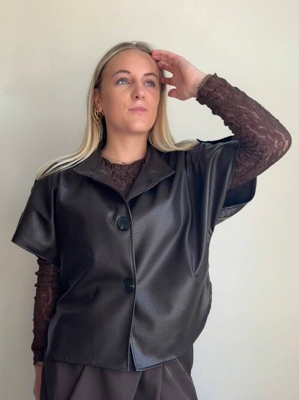 DARK BROWN EVELYN SHORT SLEEVE LEATHER JACKET