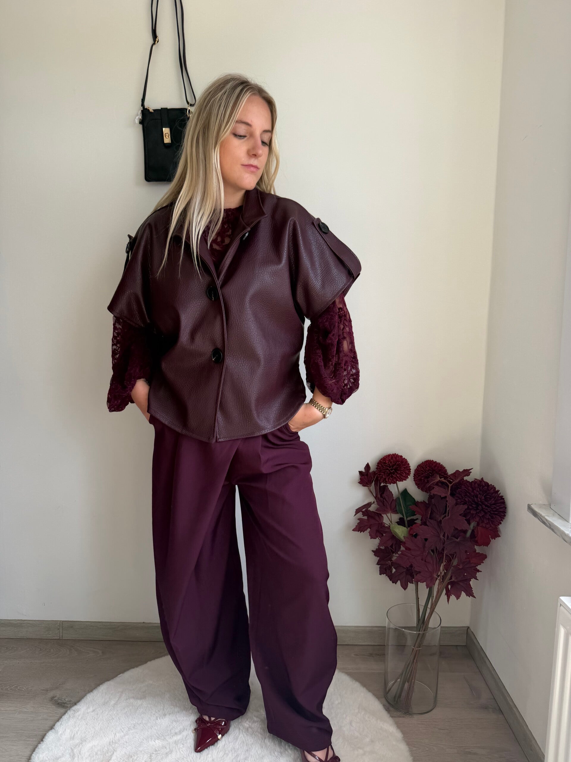 BURGUNDY EVELYN SHORT SLEEVE LEATHER JACKET