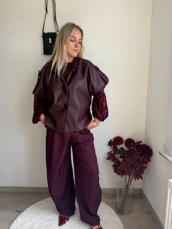 BURGUNDY EVELYN SHORT SLEEVE LEATHER JACKET
