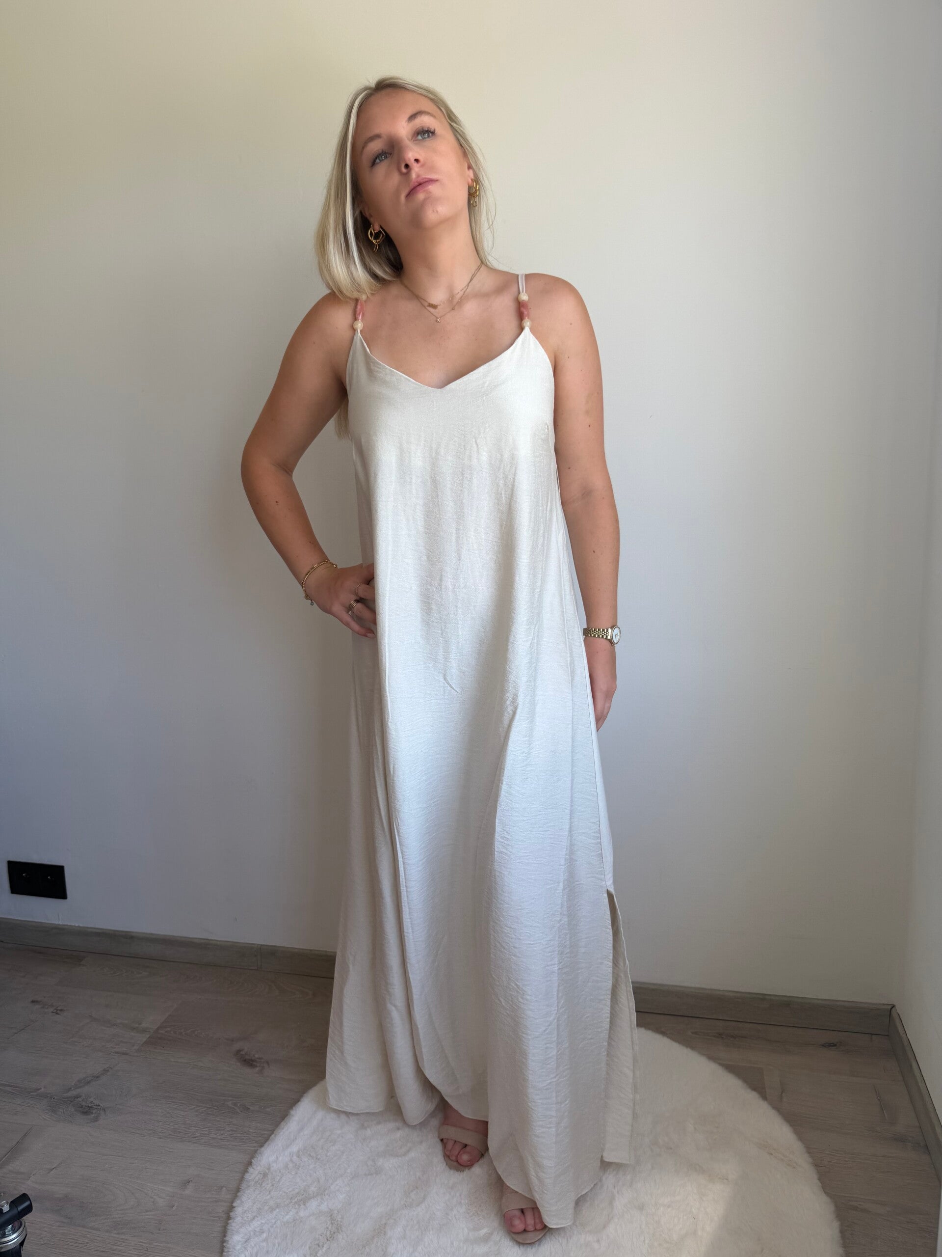 LONG BEIGE JULIE DRESS WITH SPLIT
