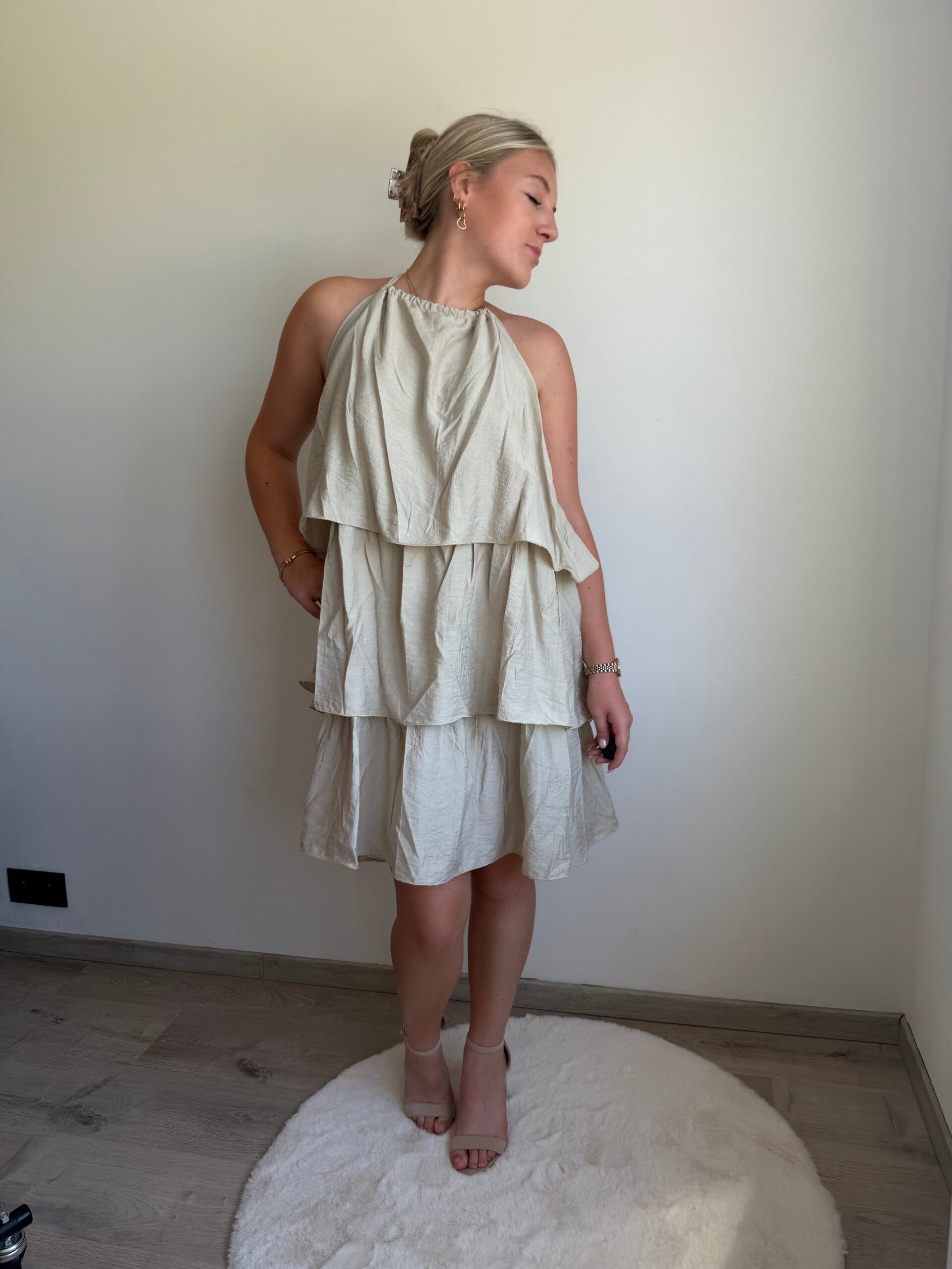 BEIGE CILOU FURR HALTER DRESS