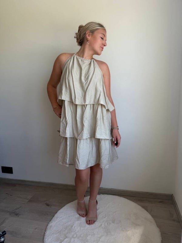 BEIGE CILOU FURR HALTER DRESS