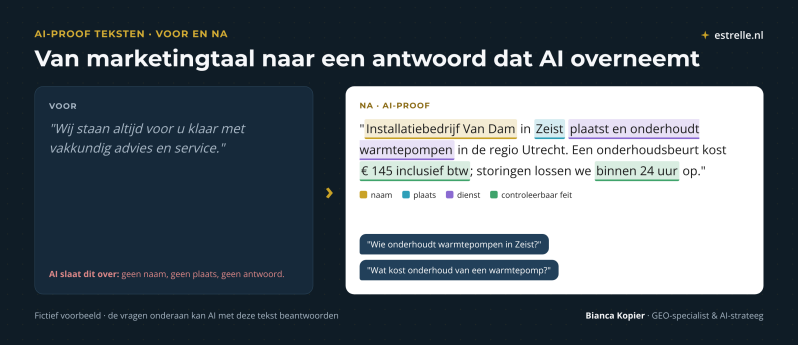 Voor en na van een AI-proof tekst: een algemene marketingzin tegenover een tekst met bedrijfsnaam, plaats, dienst, prijs en reactietijd, die AI kan gebruiken als antwoord op klantvragen. Fictief voorbeeld.