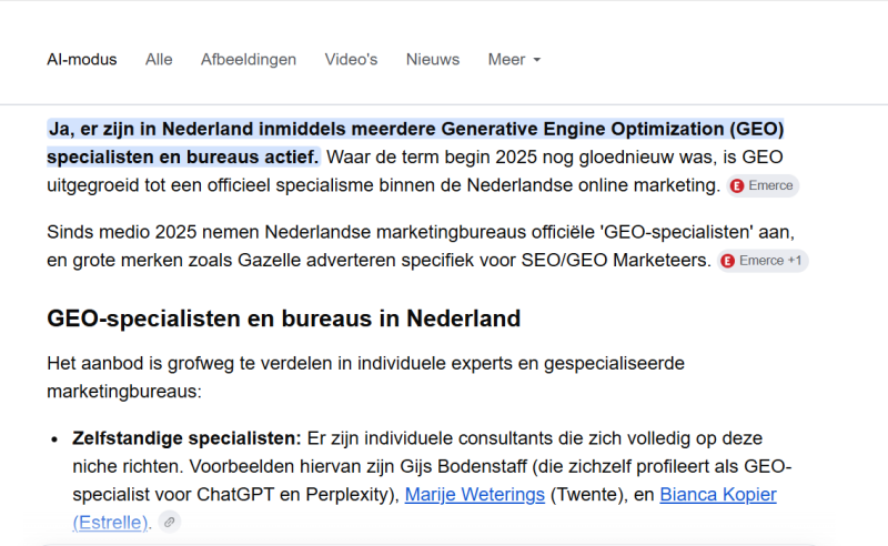 Screenshot van AI-modus waaruit blijkt dat Bianca Kopier van Estrelle wordt genoemd als zelfstandig GEO-specialist in Nederland.
