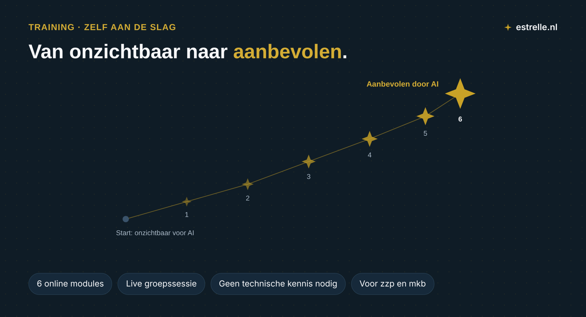 Training Digitale Zichtbaarheid in het AI-tijdperk: in zes modules van onzichtbaar naar aanbevolen door AI, voor zzp’ers en mkb, zonder technische kennis.