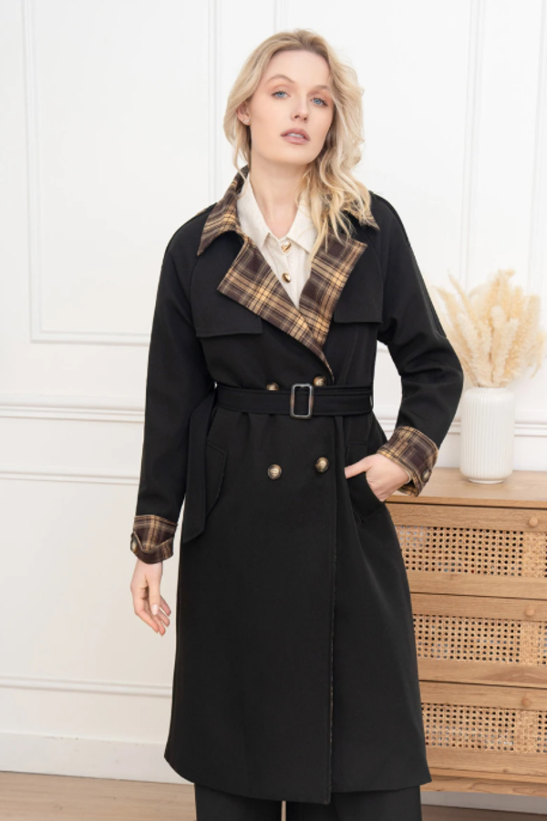 Lange trenchcoat met riem - Zwart