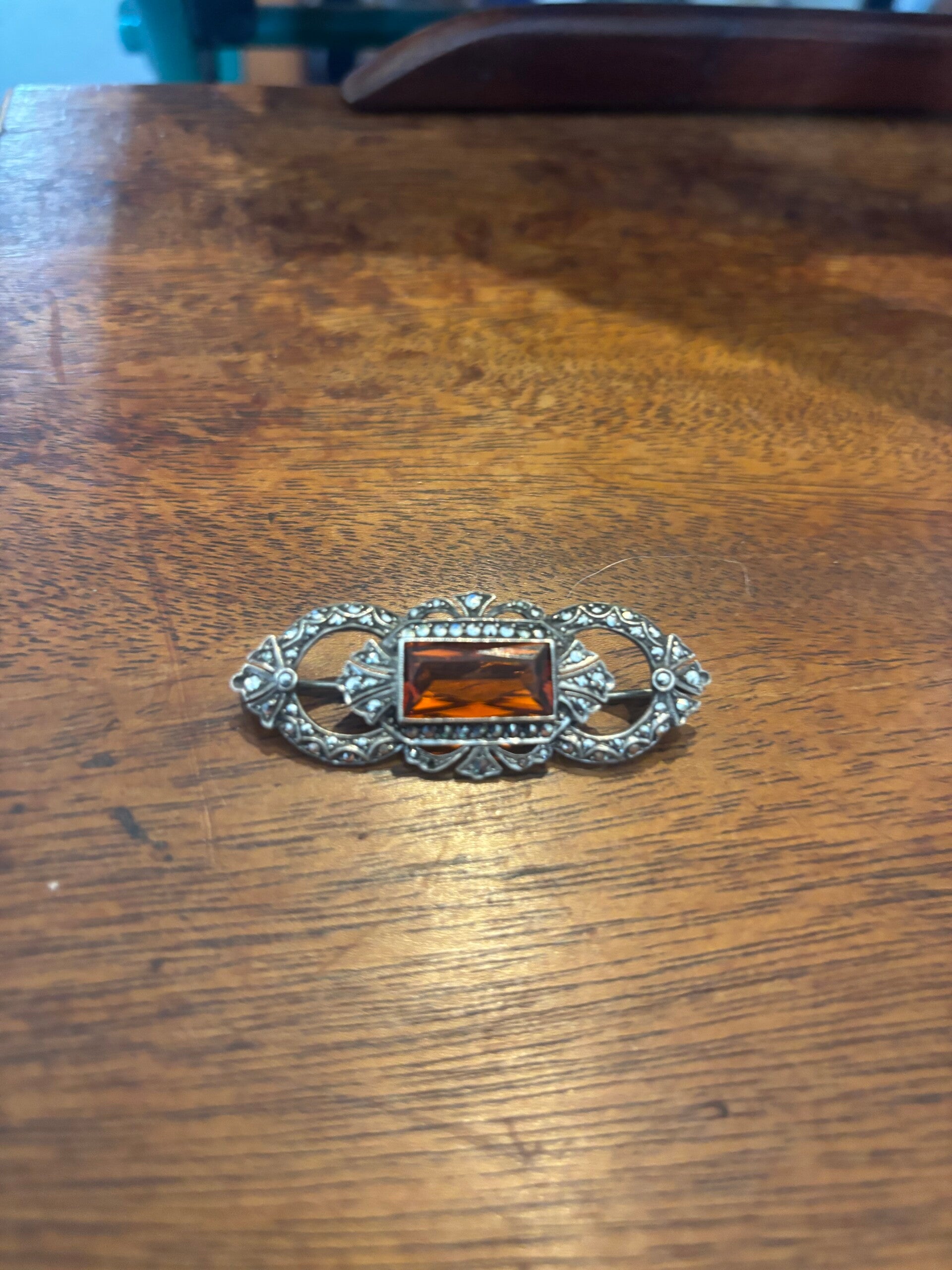 Vintage Art Deco Carnelian & Marcasite Brooch