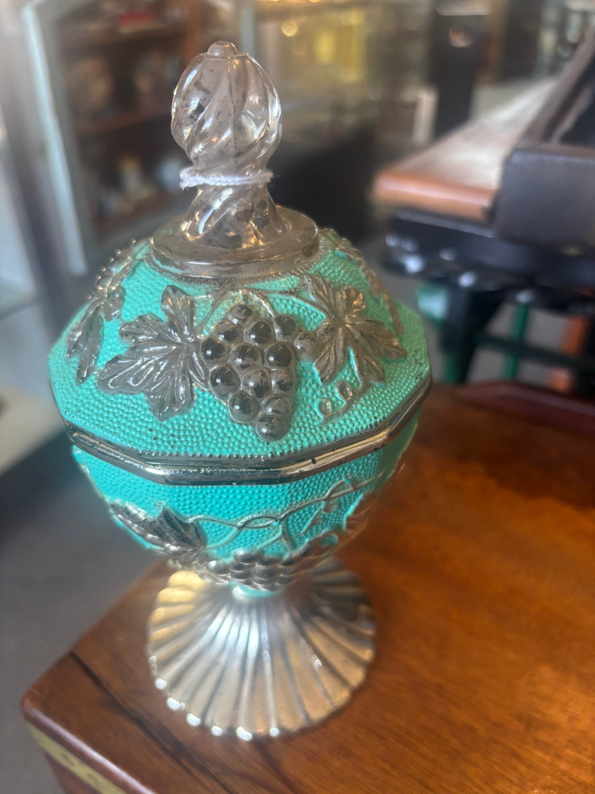 Vintage Jeanette Turquoise & Silver Painted Glass Candydish