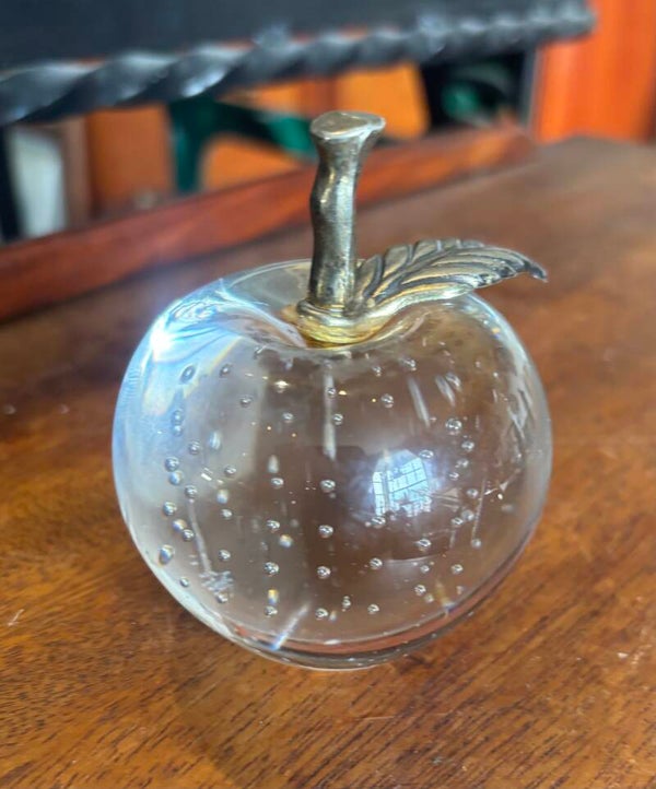 Vintage Art Glass Bubble Apple Paperweight With Brass Stem Leaf