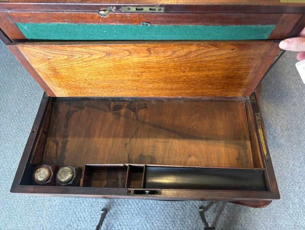 Antique Mahogany Writing Slope With Brass Hinges & Inkwells C1900s