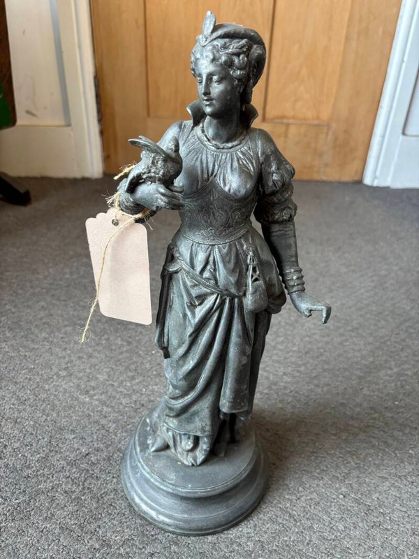 Pewter Figure Of A Classical Maiden Holding A Bird