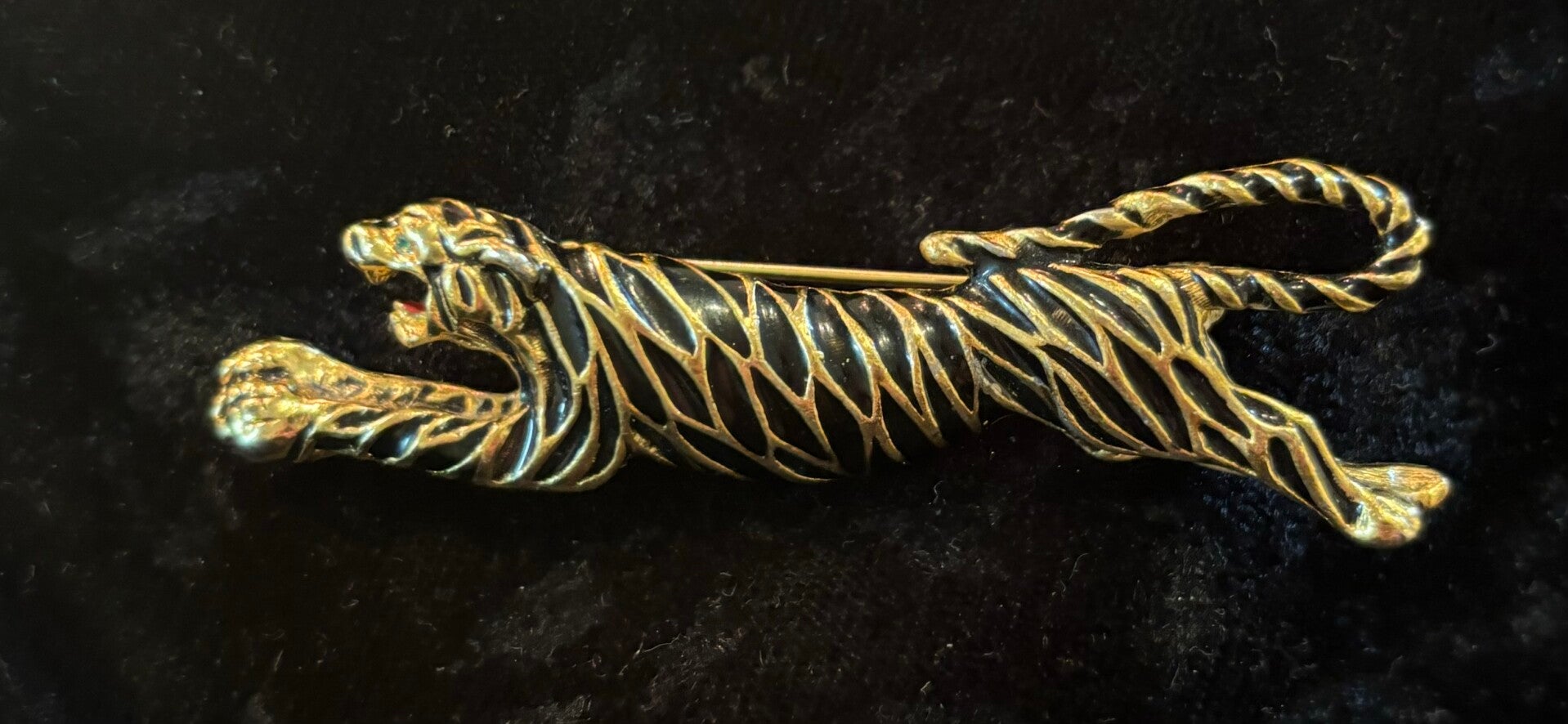 Vintage Sphinx Gold Tone and Black Enamel Tiger Brooch