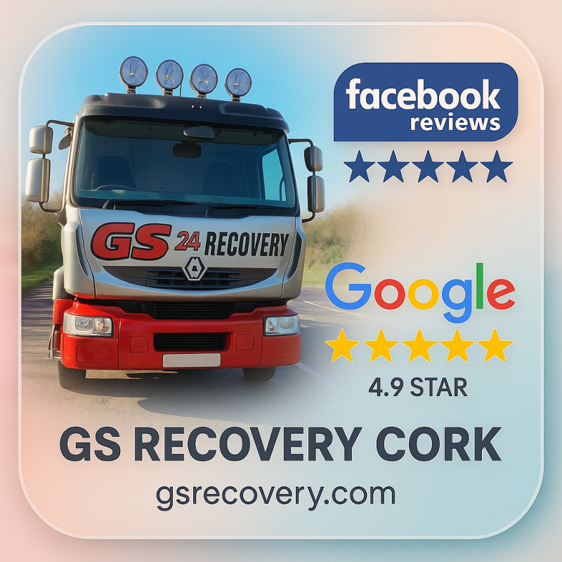 A soft-toned, rounded-corner square poster featuring the GS Recovery Cork tow truck in a sunny countryside setting. The backdrop is a pastel gradient of peach and light blue. The company logo “GS 24 RECOVERY” is visible on the truck’s front. To the right,