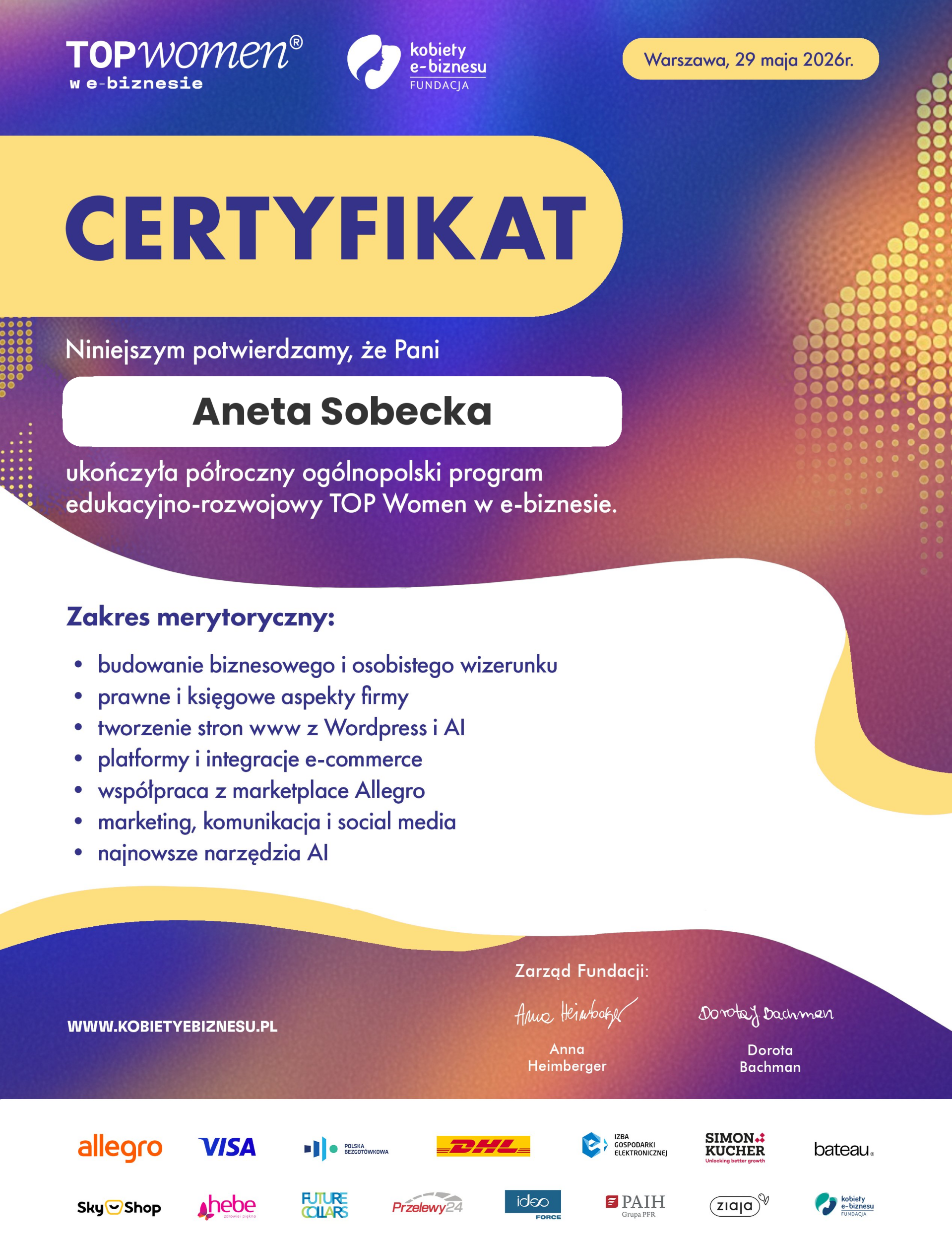 Certyfikat ukończenia programu Top Women w e-biznesie - Aneta Sobecka