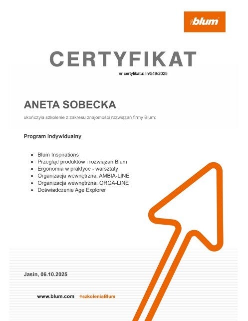 Certyfikat szkolenia Blum - ergonomia i organizacja przestrzeni - Aneta Sobecka