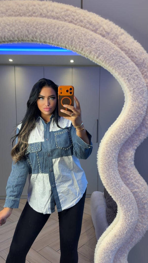Denim blouse met wit