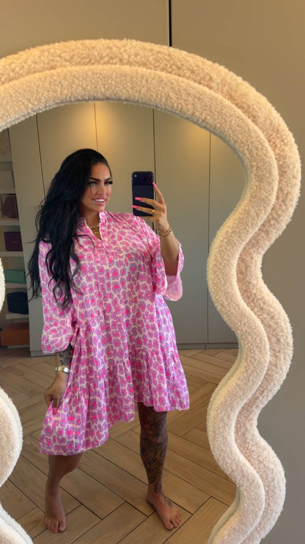 Linnen panter jurk neon roze