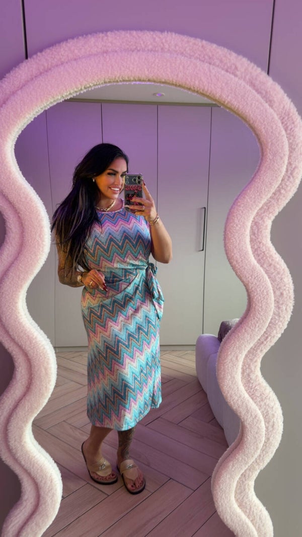 Zigzag jurk turqouise met strik