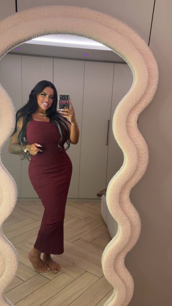 Spaghetti rib jurk stretch Bordeaux