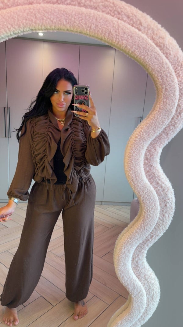 Blouse ballon pak met vestje choco