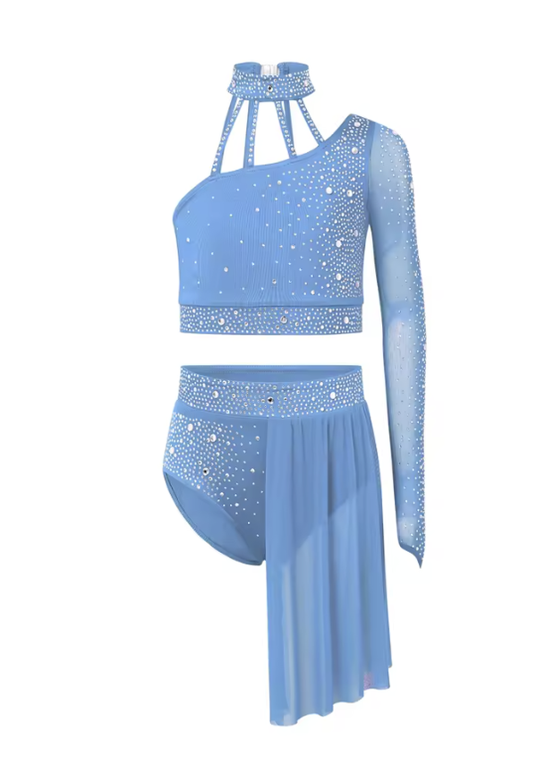 Girls One Shoulder, Meshed Single Arm, High Neck, Rhinestoned Half Skirted, Two Piece