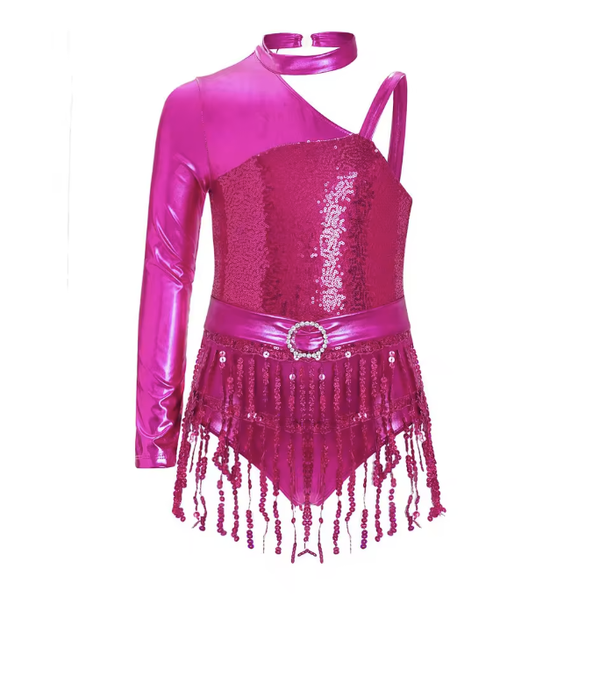 Kids Girls Sparkly Sequin Tassel Metallic Ballet Leotard – Tap & Jazz Dance Performance Bodysuit