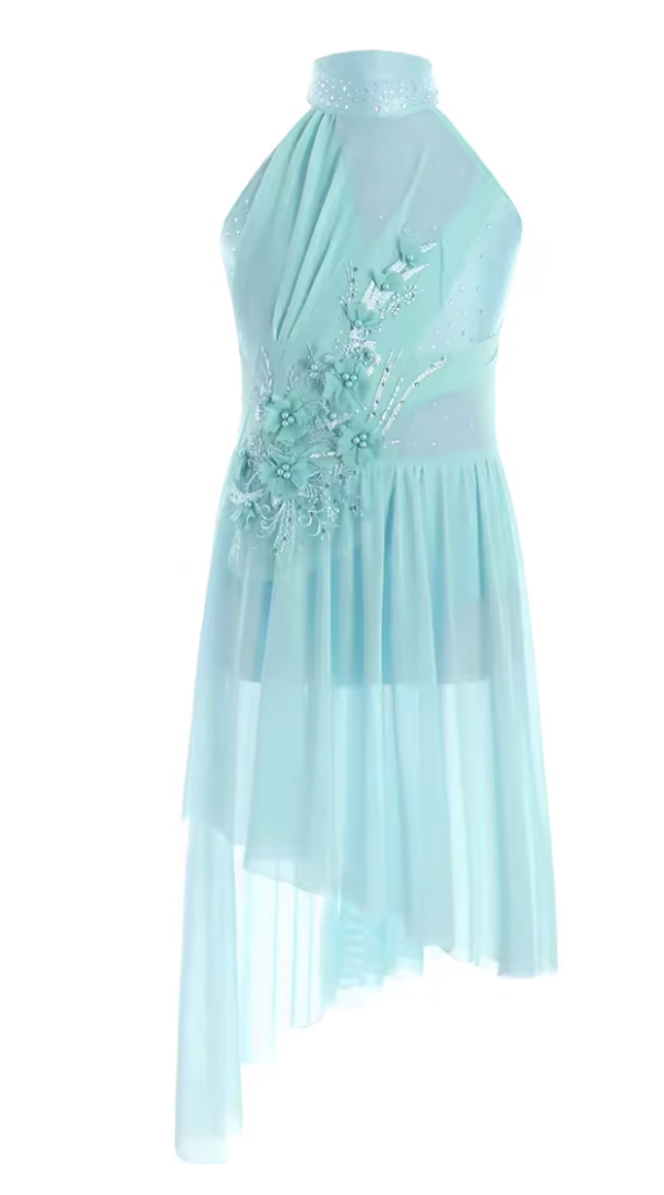 Girls’ Ballet & Lyrical Dance Dress – Appliqué Mesh Tulle Leotard